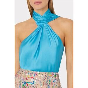 MILLY Jen Satin Halter Top Sky Blue 14OT06 NEW Small S NWT